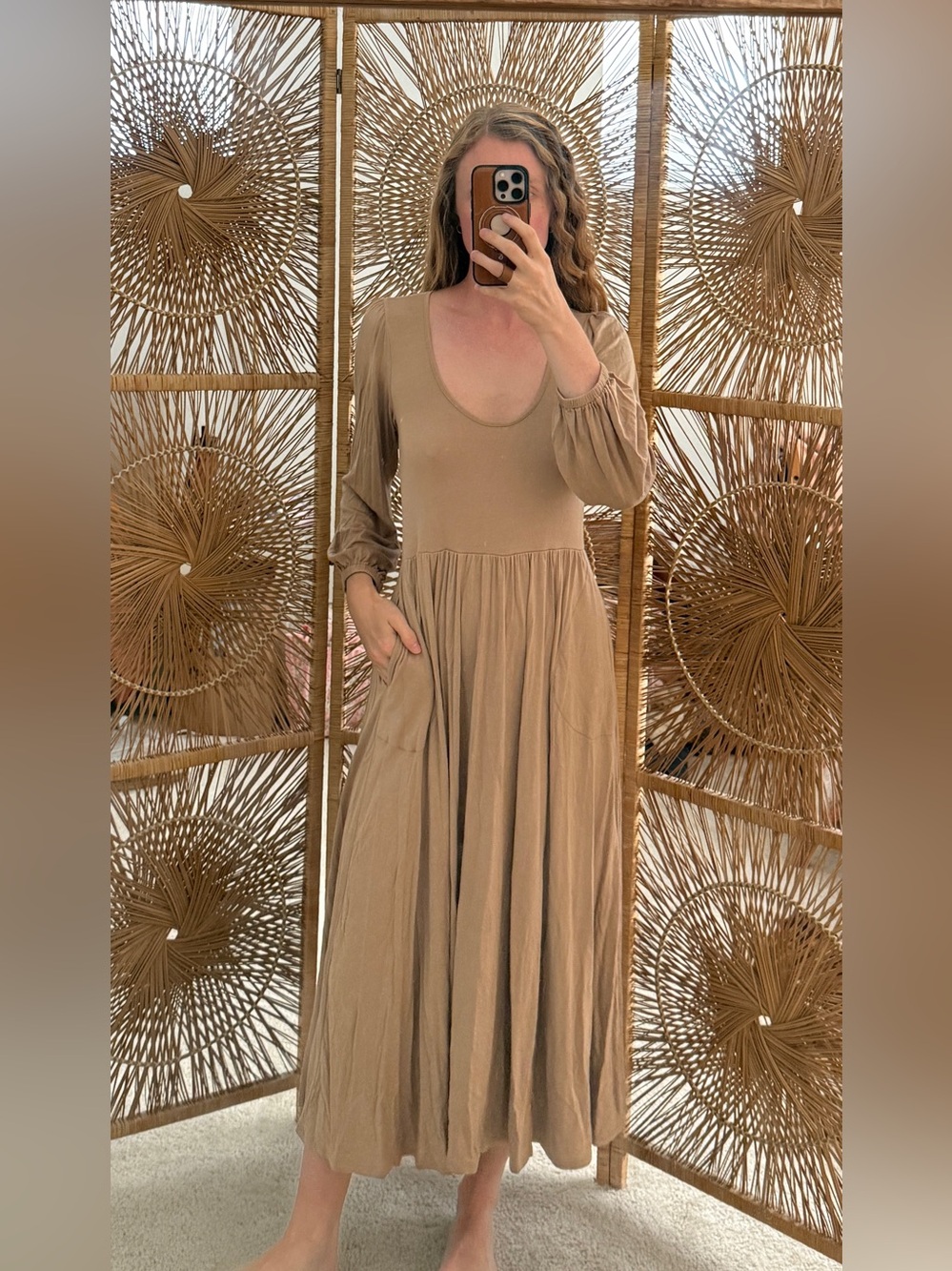 Rachel Pally Tan Classic Scoop-Neck Long Sleeve Maxi Dress